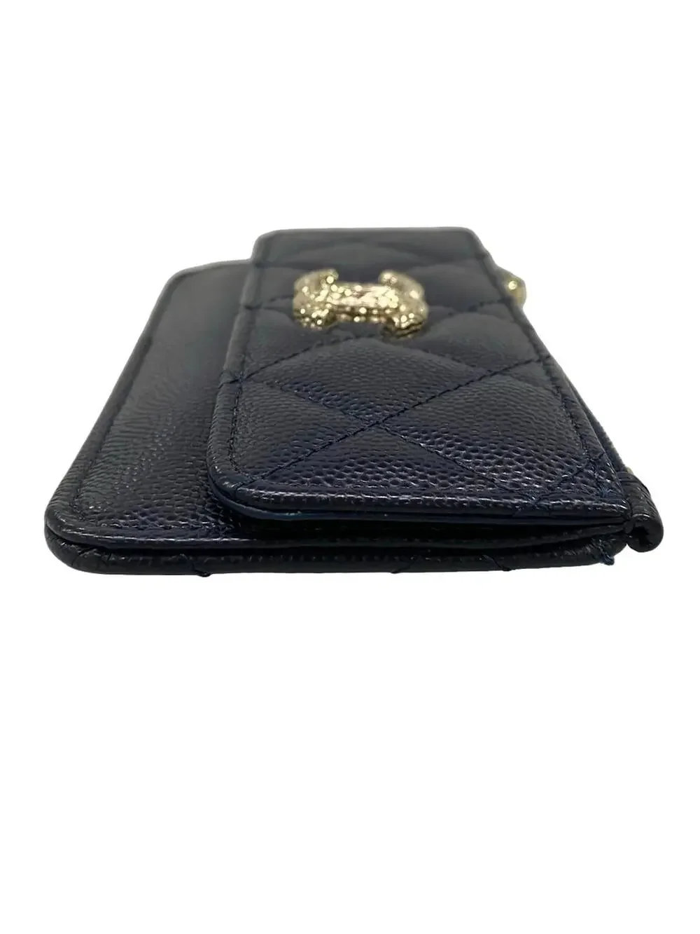 Chanel Navy Calfskin Card Case Gold #300004C13B